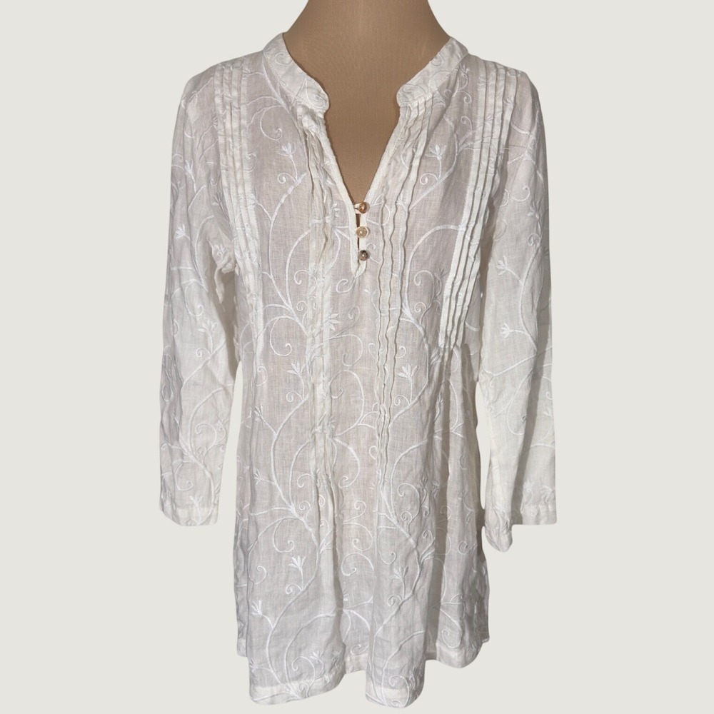 3217 | Kenar Embroidered Linen Blend Pintuck Tunic Top White Women Small